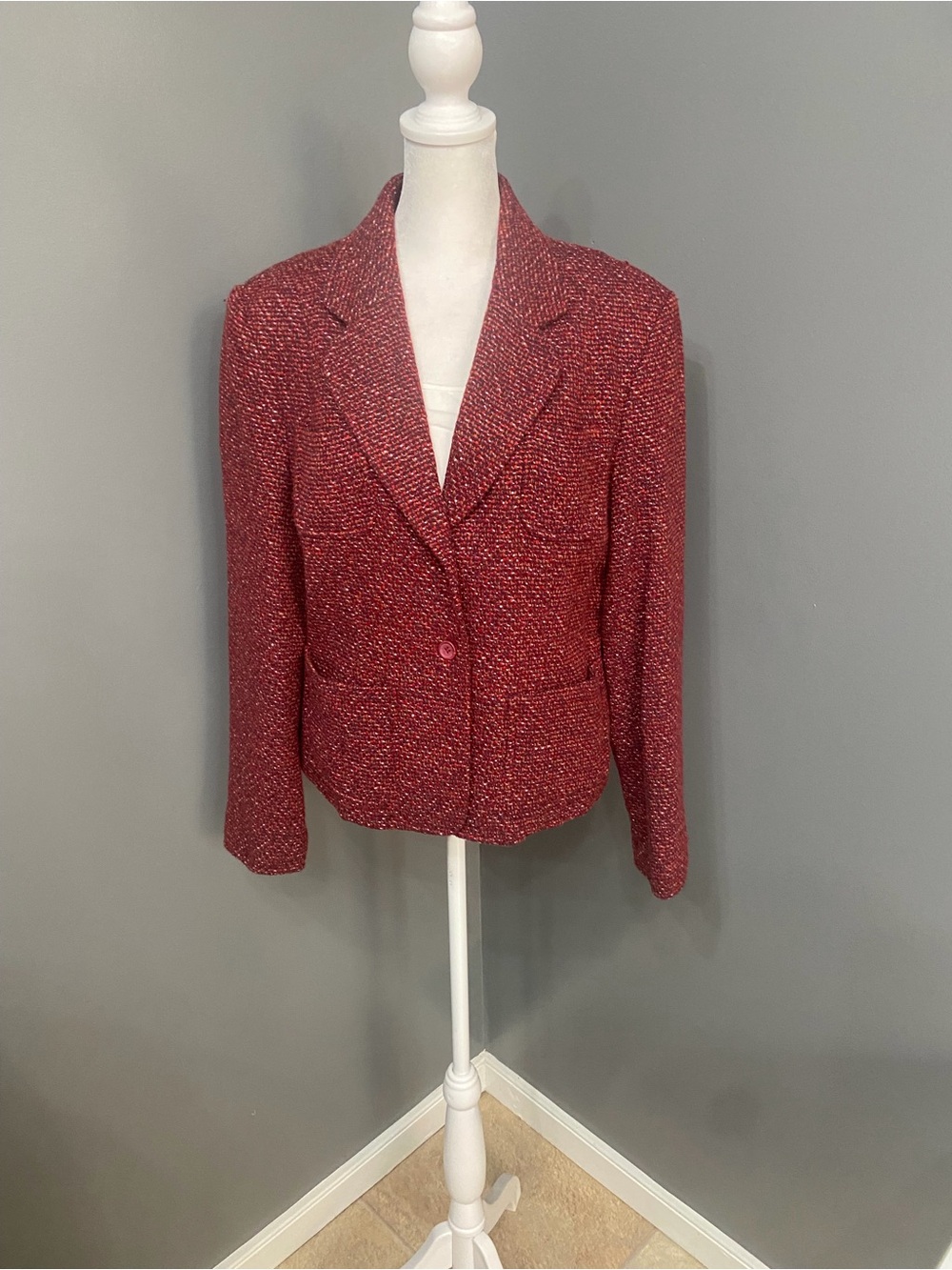 OUTFIT JPR Pink Red Tweed Blazer Jacket Sz 10 Wool Blend Career Academia Vintage